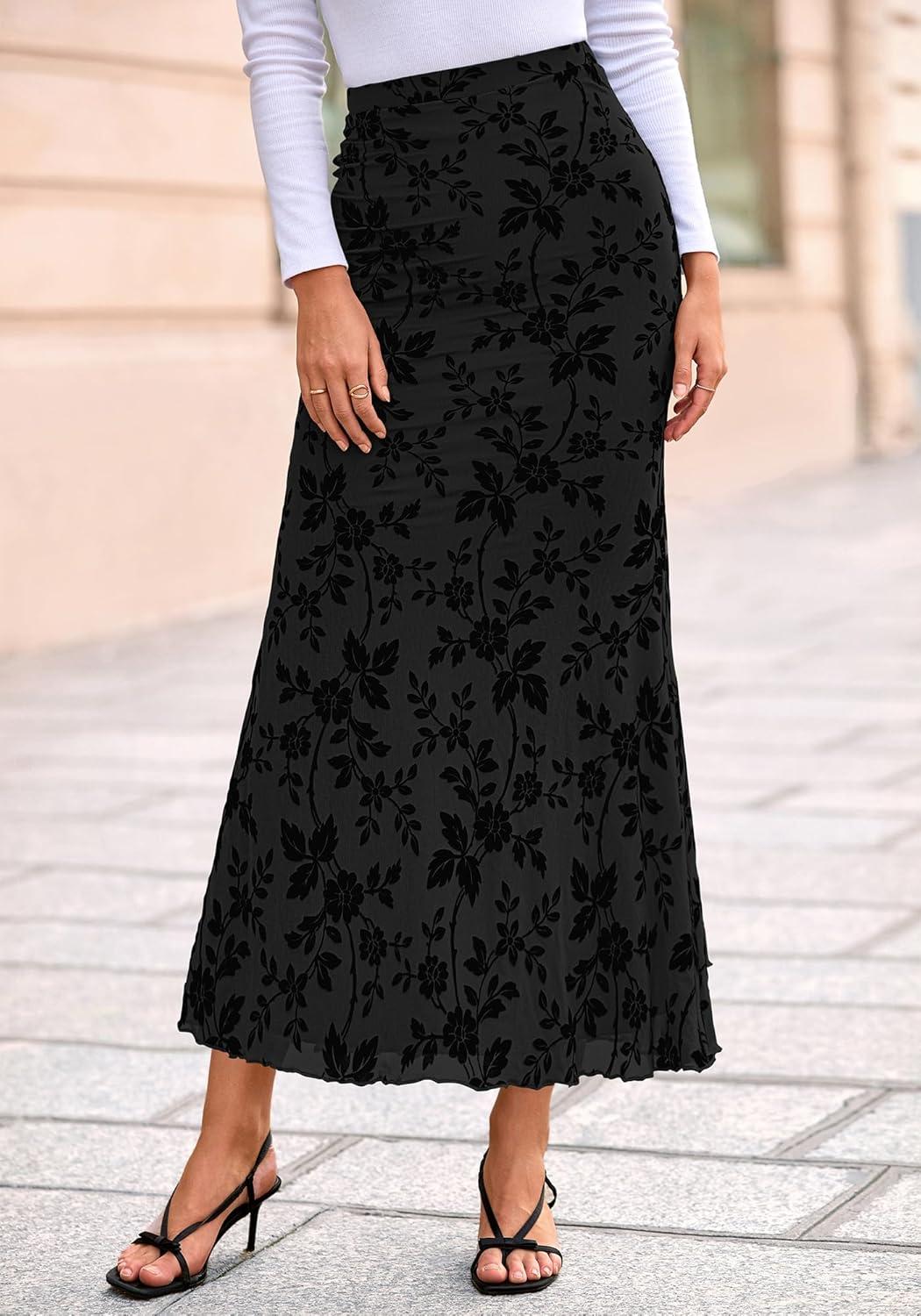 imageBTFBM Womens Floral Mesh Maxi Skirt 2026 Spring Summer Elastic High Waisted Boho Elegant Mermaid Long Skirts for WomenBlack