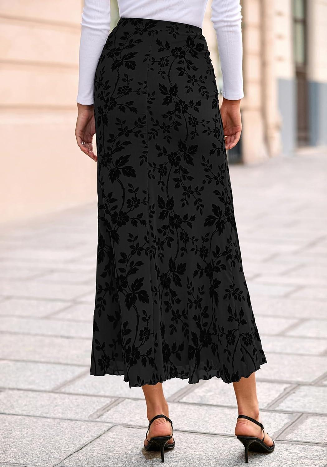 imageBTFBM Womens Floral Mesh Maxi Skirt 2026 Spring Summer Elastic High Waisted Boho Elegant Mermaid Long Skirts for WomenBlack