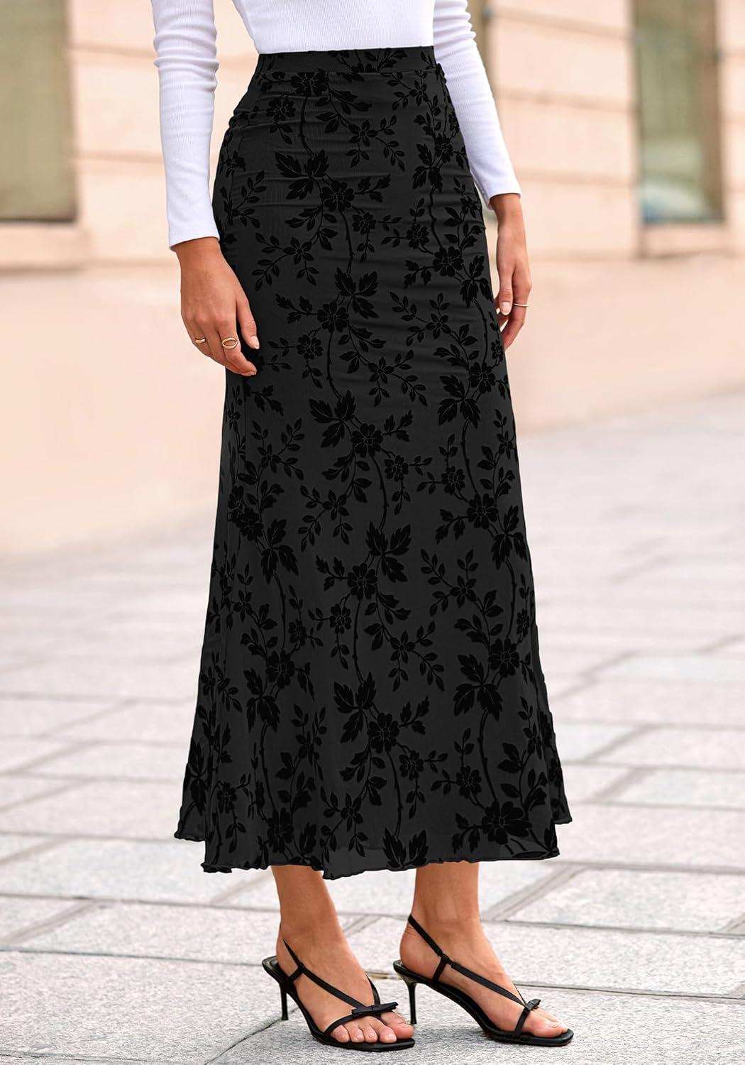 imageBTFBM Womens Floral Mesh Maxi Skirt 2026 Spring Summer Elastic High Waisted Boho Elegant Mermaid Long Skirts for WomenBlack