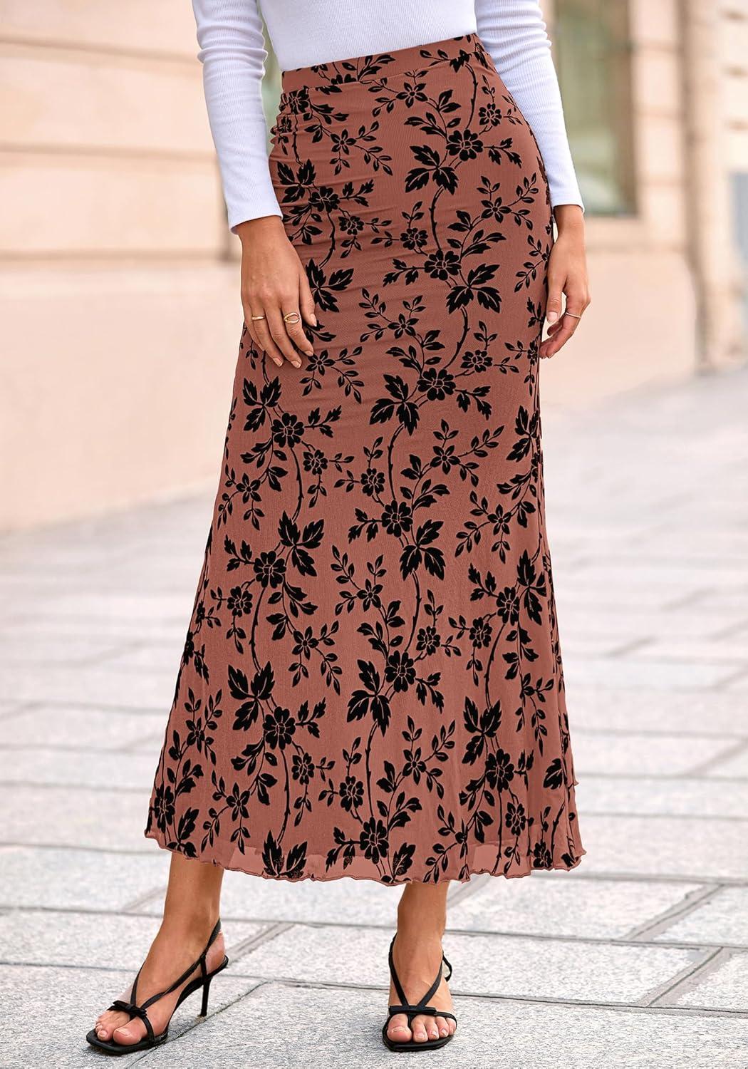 imageBTFBM Womens Floral Mesh Maxi Skirt 2026 Spring Summer Elastic High Waisted Boho Elegant Mermaid Long Skirts for WomenBrick Red