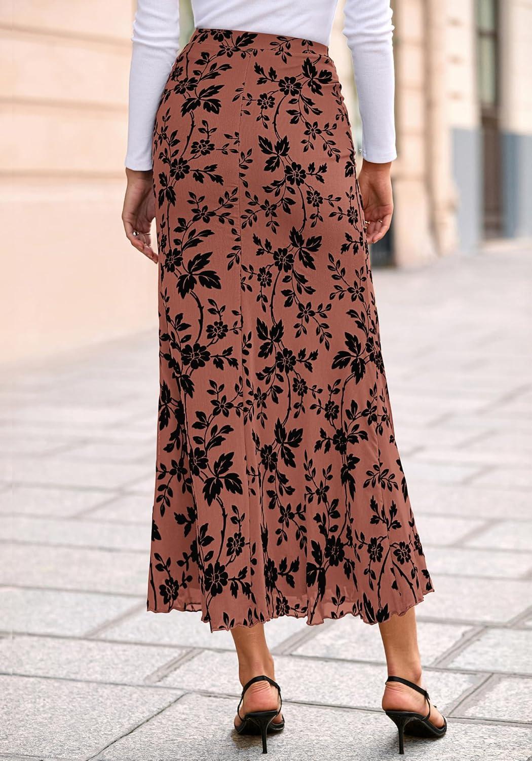 imageBTFBM Womens Floral Mesh Maxi Skirt 2026 Spring Summer Elastic High Waisted Boho Elegant Mermaid Long Skirts for WomenBrick Red