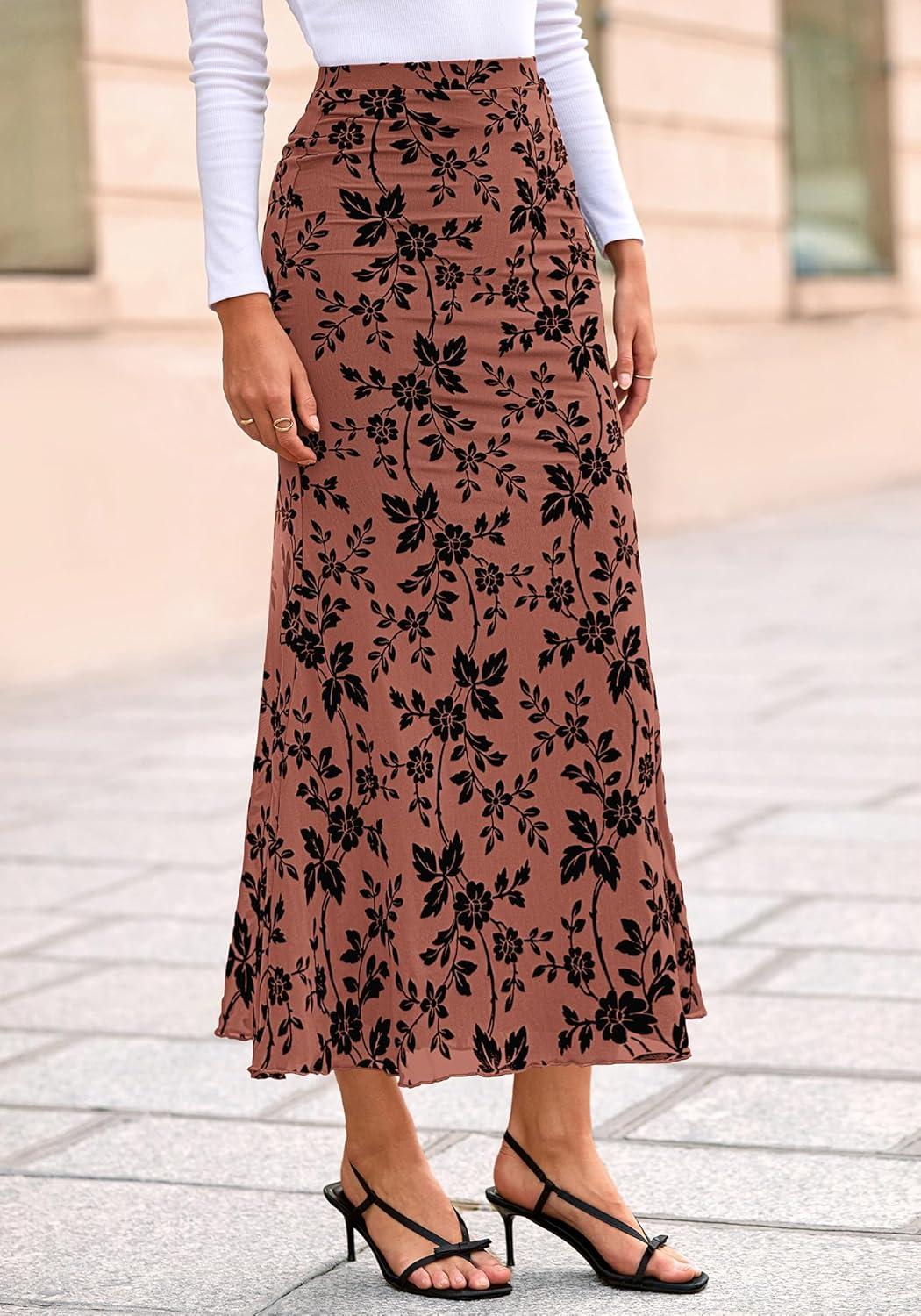 imageBTFBM Womens Floral Mesh Maxi Skirt 2026 Spring Summer Elastic High Waisted Boho Elegant Mermaid Long Skirts for WomenBrick Red