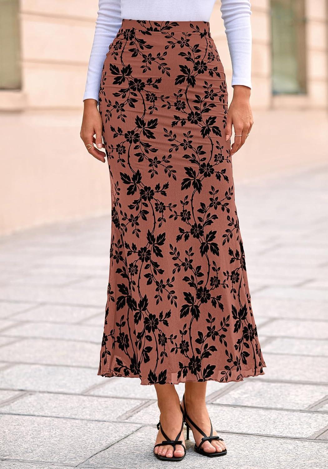 imageBTFBM Womens Floral Mesh Maxi Skirt 2026 Spring Summer Elastic High Waisted Boho Elegant Mermaid Long Skirts for WomenBrick Red