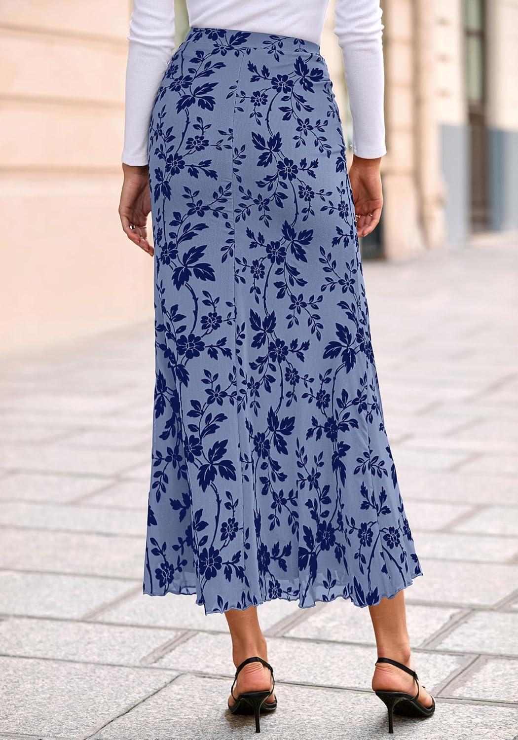 imageBTFBM Womens Floral Mesh Maxi Skirt 2026 Spring Summer Elastic High Waisted Boho Elegant Mermaid Long Skirts for WomenDusty Blue