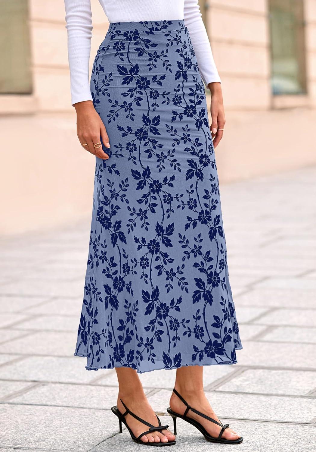 imageBTFBM Womens Floral Mesh Maxi Skirt 2026 Spring Summer Elastic High Waisted Boho Elegant Mermaid Long Skirts for WomenDusty Blue
