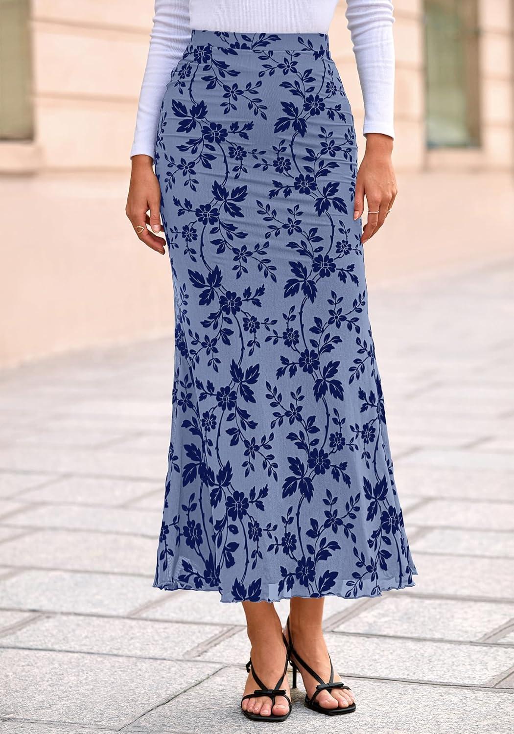 imageBTFBM Womens Floral Mesh Maxi Skirt 2026 Spring Summer Elastic High Waisted Boho Elegant Mermaid Long Skirts for WomenDusty Blue