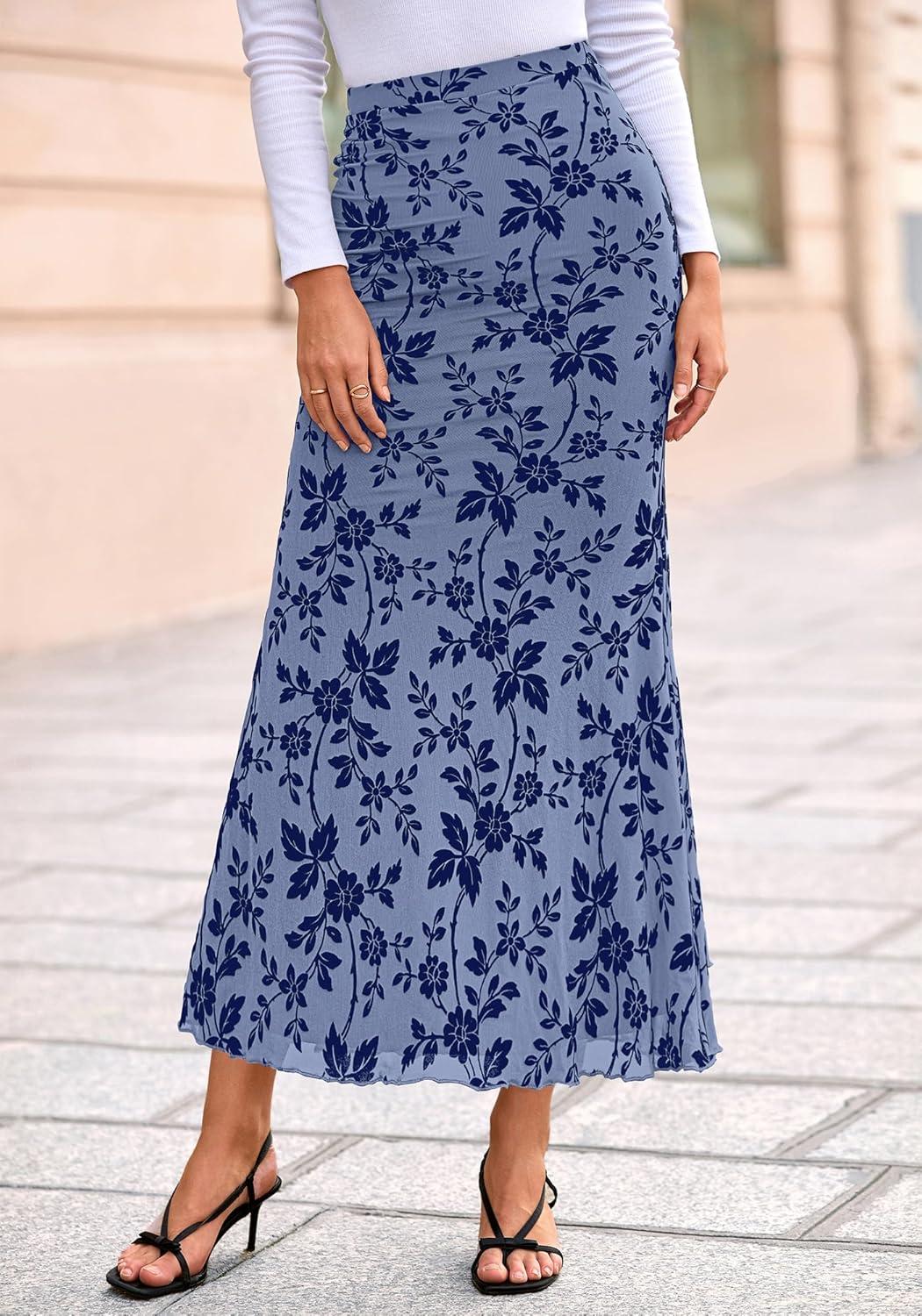 imageBTFBM Womens Floral Mesh Maxi Skirt 2026 Spring Summer Elastic High Waisted Boho Elegant Mermaid Long Skirts for WomenDusty Blue
