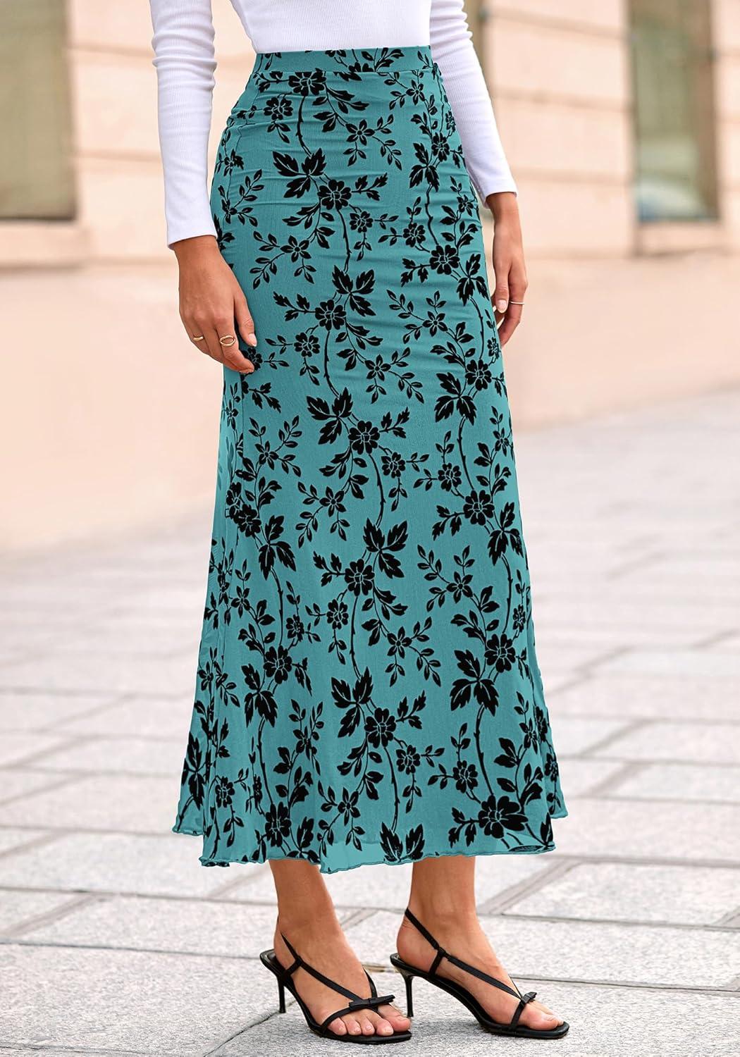 imageBTFBM Womens Floral Mesh Maxi Skirt 2026 Spring Summer Elastic High Waisted Boho Elegant Mermaid Long Skirts for WomenLake Blue
