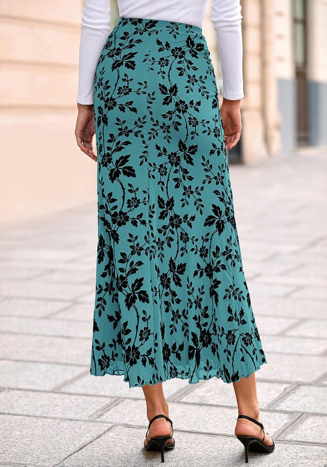 imageBTFBM Womens Floral Mesh Maxi Skirt 2026 Spring Summer Elastic High Waisted Boho Elegant Mermaid Long Skirts for WomenLake Blue