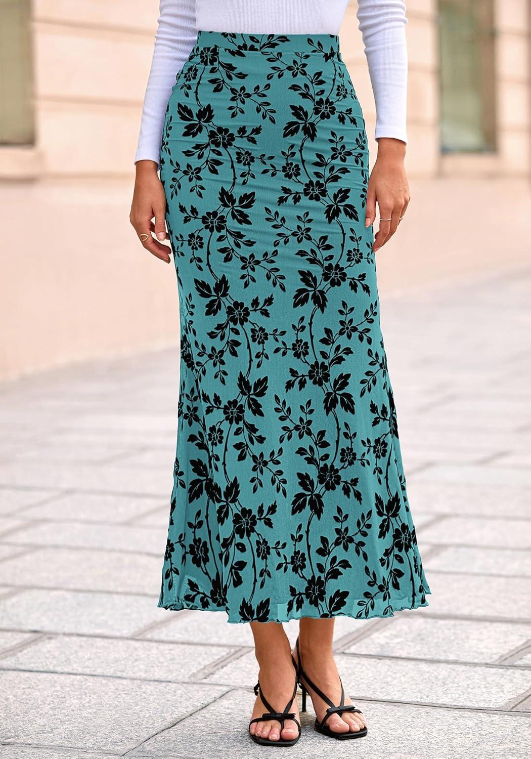 imageBTFBM Womens Floral Mesh Maxi Skirt 2026 Spring Summer Elastic High Waisted Boho Elegant Mermaid Long Skirts for WomenLake Blue