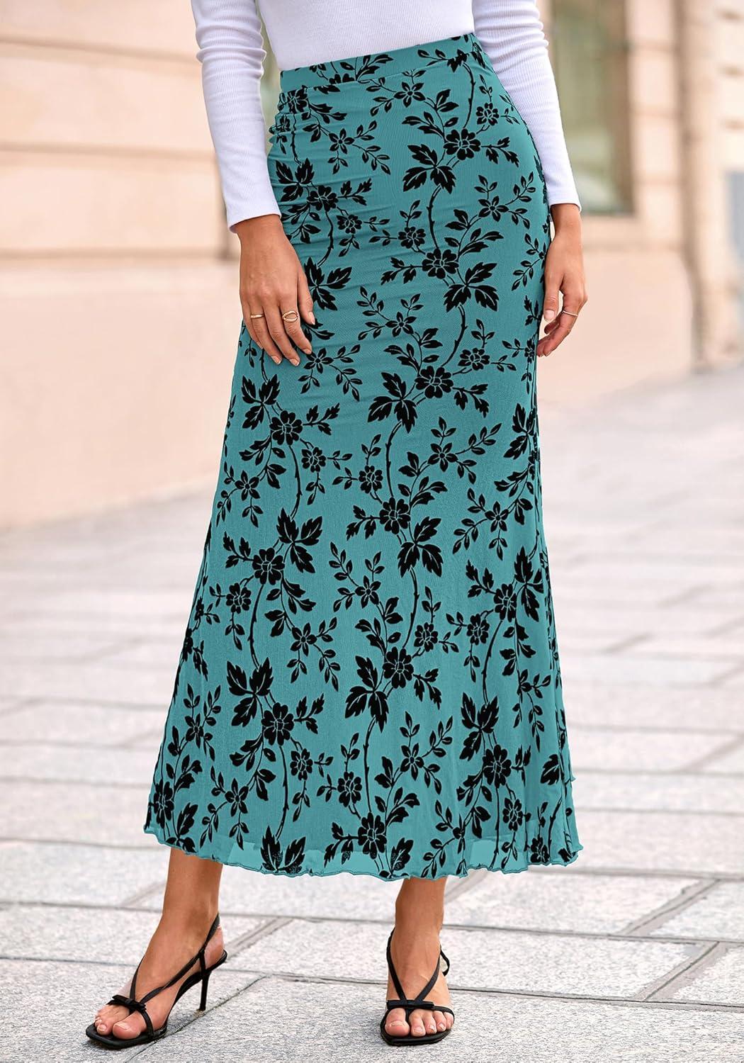 imageBTFBM Womens Floral Mesh Maxi Skirt 2026 Spring Summer Elastic High Waisted Boho Elegant Mermaid Long Skirts for WomenLake Blue