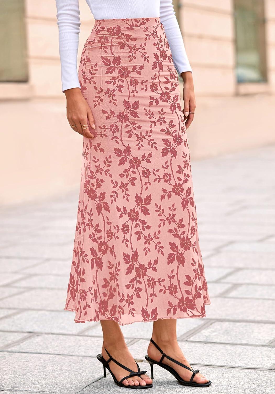 imageBTFBM Womens Floral Mesh Maxi Skirt 2026 Spring Summer Elastic High Waisted Boho Elegant Mermaid Long Skirts for WomenPink