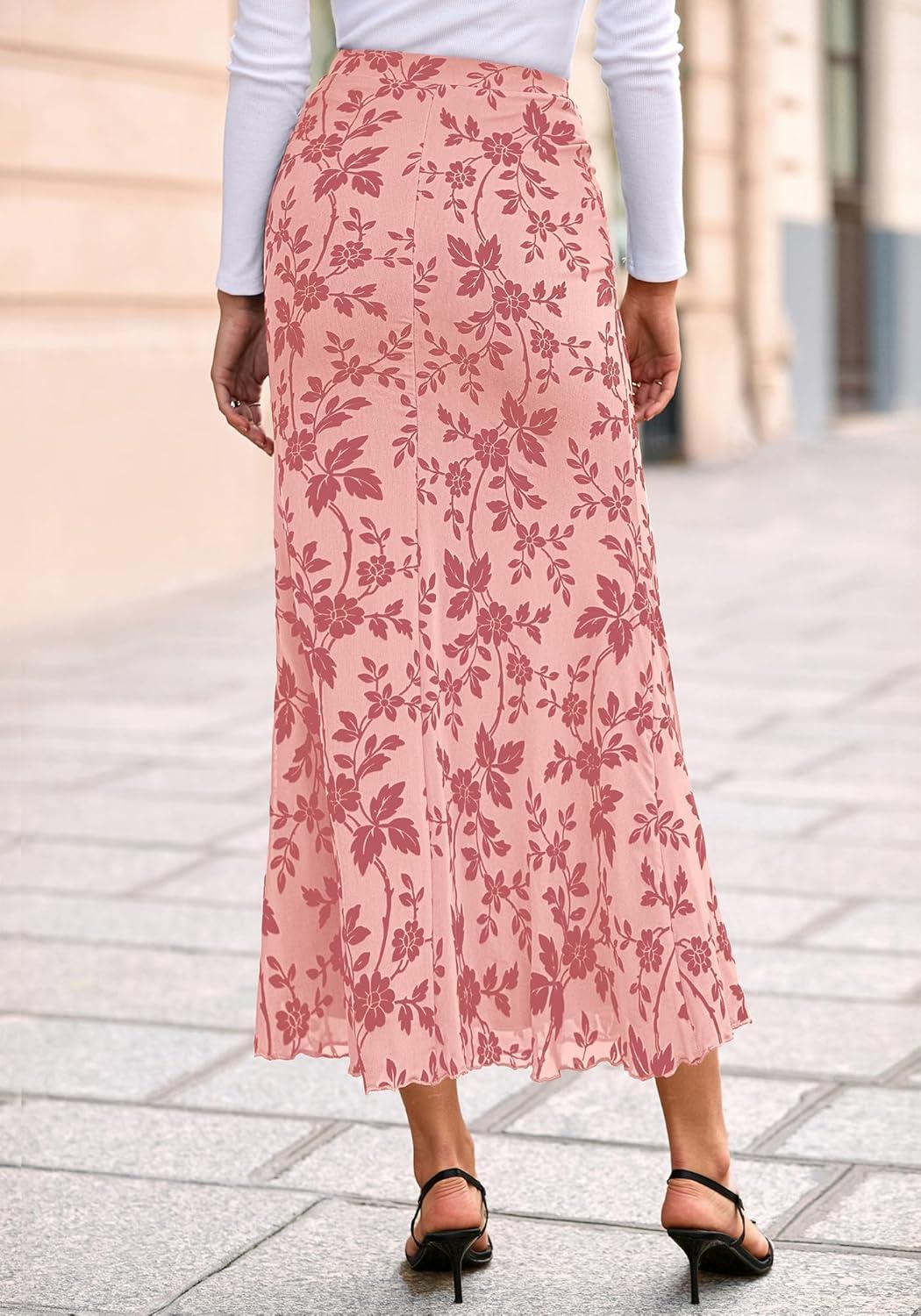 imageBTFBM Womens Floral Mesh Maxi Skirt 2026 Spring Summer Elastic High Waisted Boho Elegant Mermaid Long Skirts for WomenPink