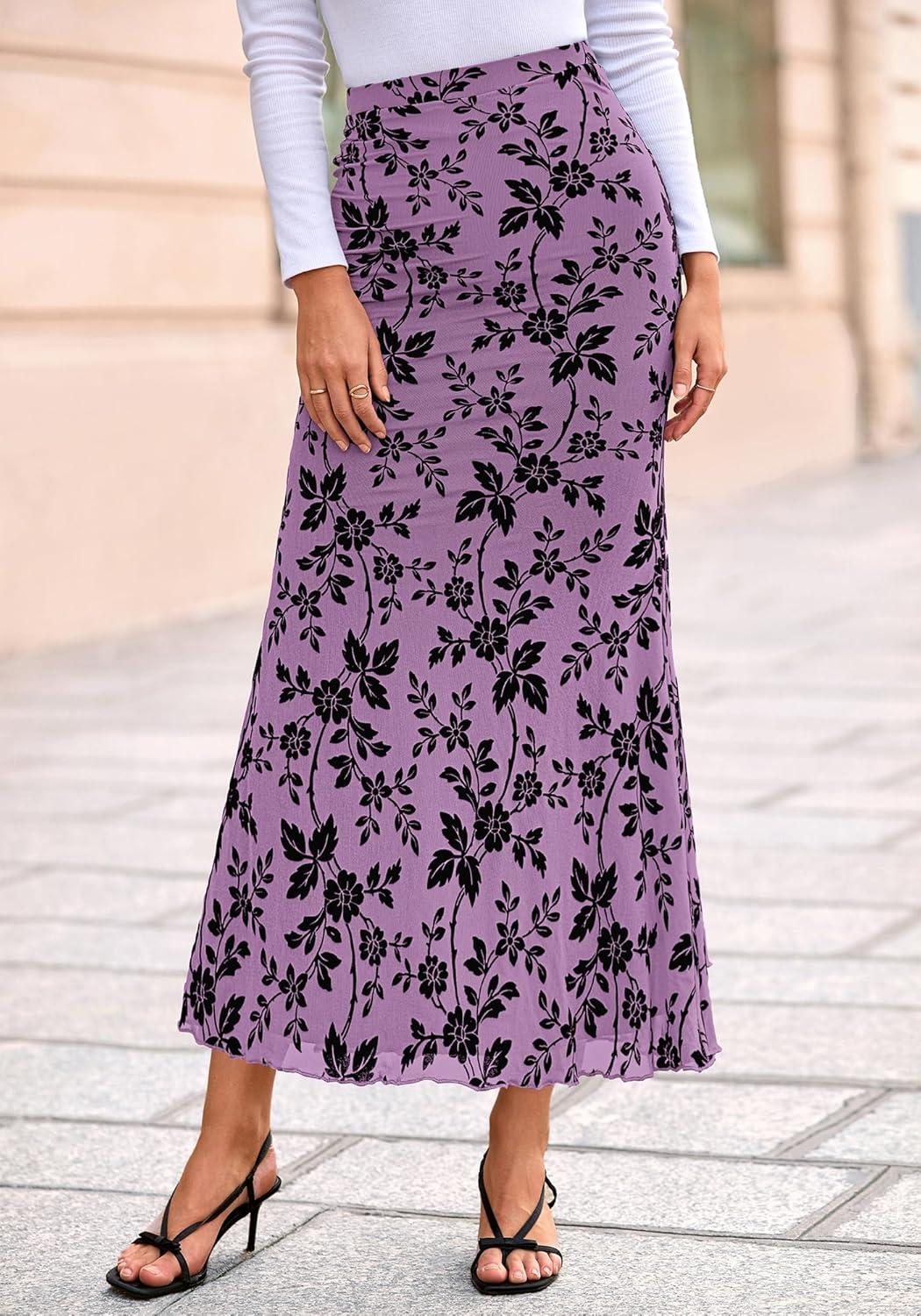 imageBTFBM Womens Floral Mesh Maxi Skirt 2026 Spring Summer Elastic High Waisted Boho Elegant Mermaid Long Skirts for WomenPurple