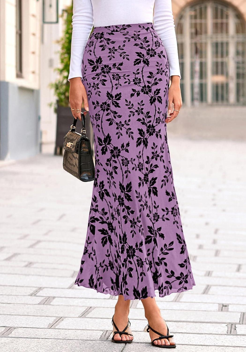 imageBTFBM Womens Floral Mesh Maxi Skirt 2026 Spring Summer Elastic High Waisted Boho Elegant Mermaid Long Skirts for WomenPurple