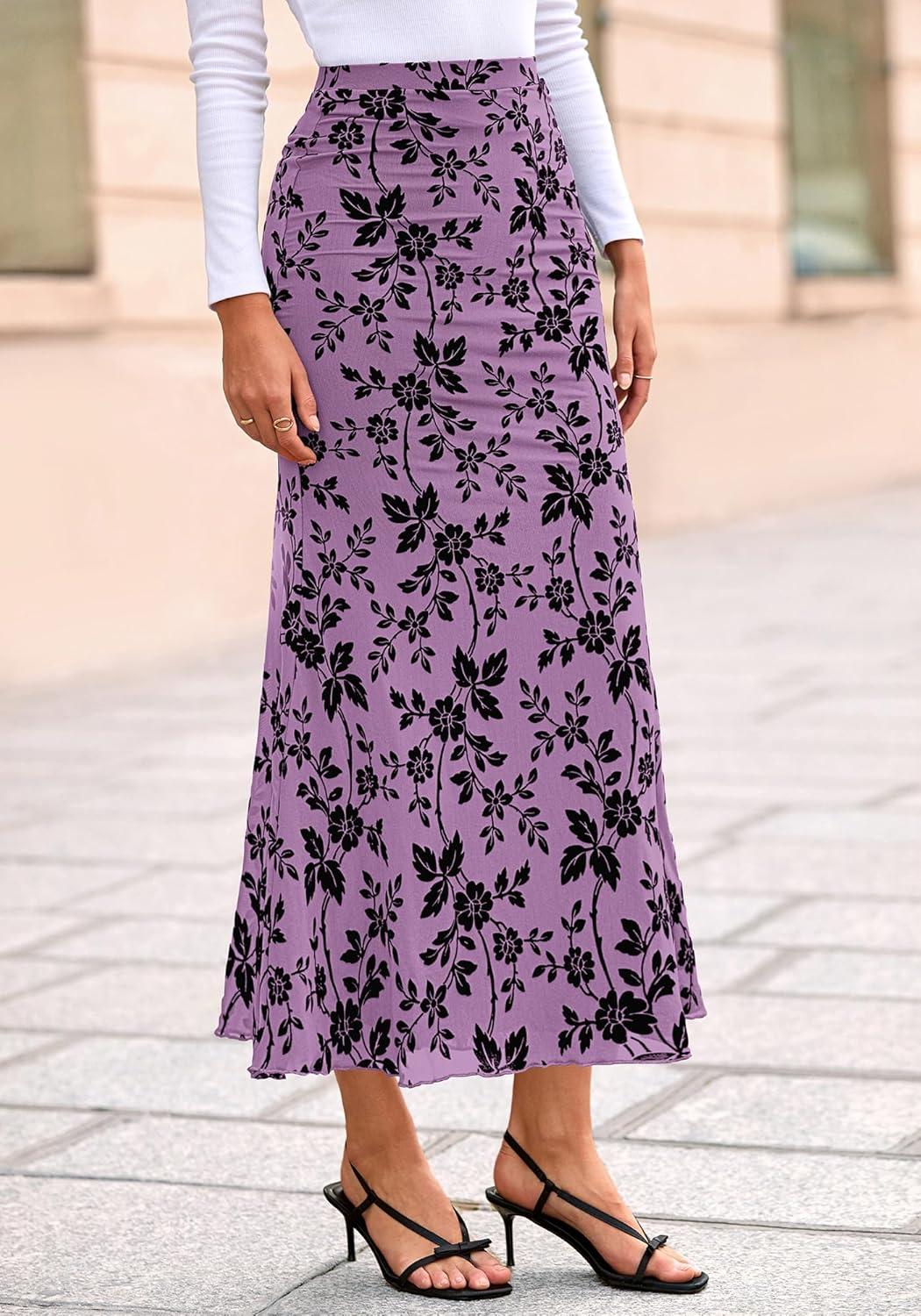 imageBTFBM Womens Floral Mesh Maxi Skirt 2026 Spring Summer Elastic High Waisted Boho Elegant Mermaid Long Skirts for WomenPurple