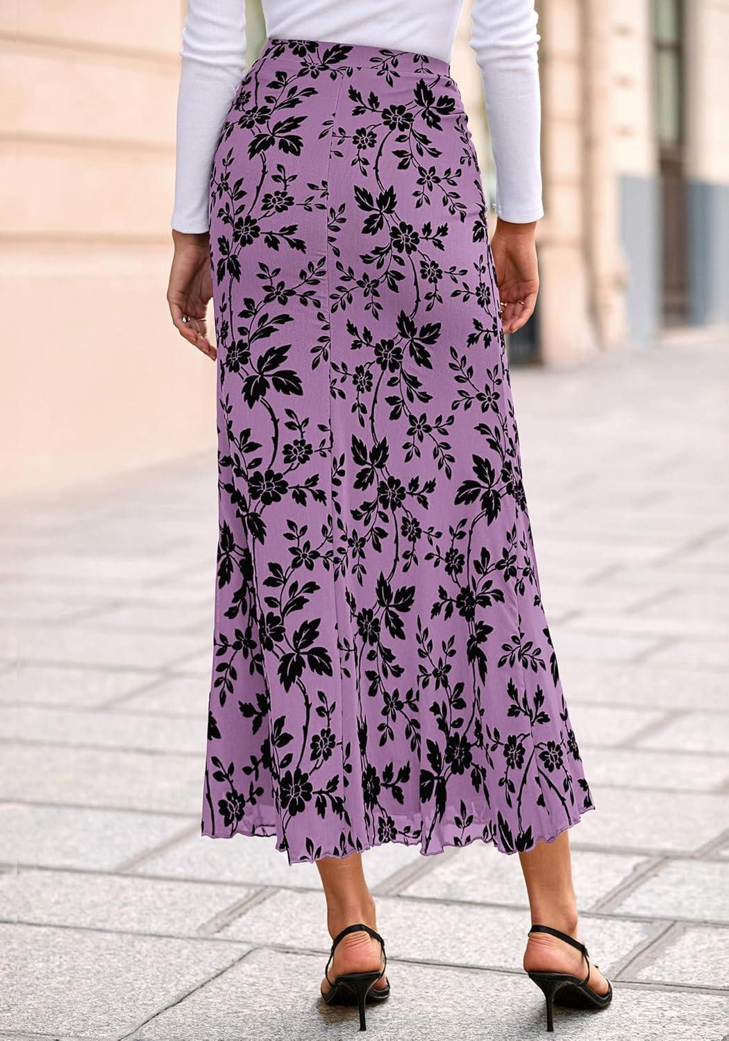 imageBTFBM Womens Floral Mesh Maxi Skirt 2026 Spring Summer Elastic High Waisted Boho Elegant Mermaid Long Skirts for WomenPurple
