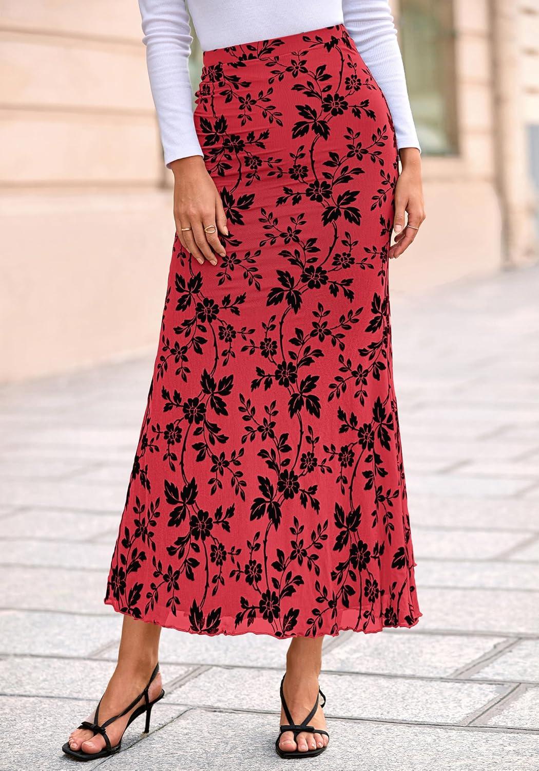 imageBTFBM Womens Floral Mesh Maxi Skirt 2026 Spring Summer Elastic High Waisted Boho Elegant Mermaid Long Skirts for WomenRed