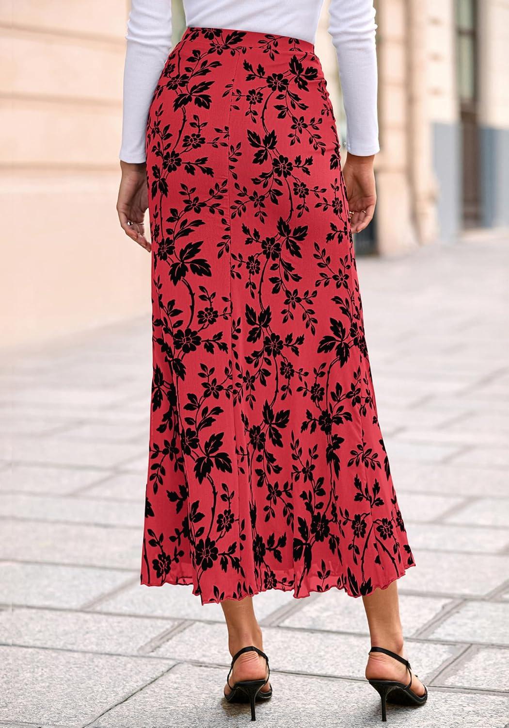 imageBTFBM Womens Floral Mesh Maxi Skirt 2026 Spring Summer Elastic High Waisted Boho Elegant Mermaid Long Skirts for WomenRed