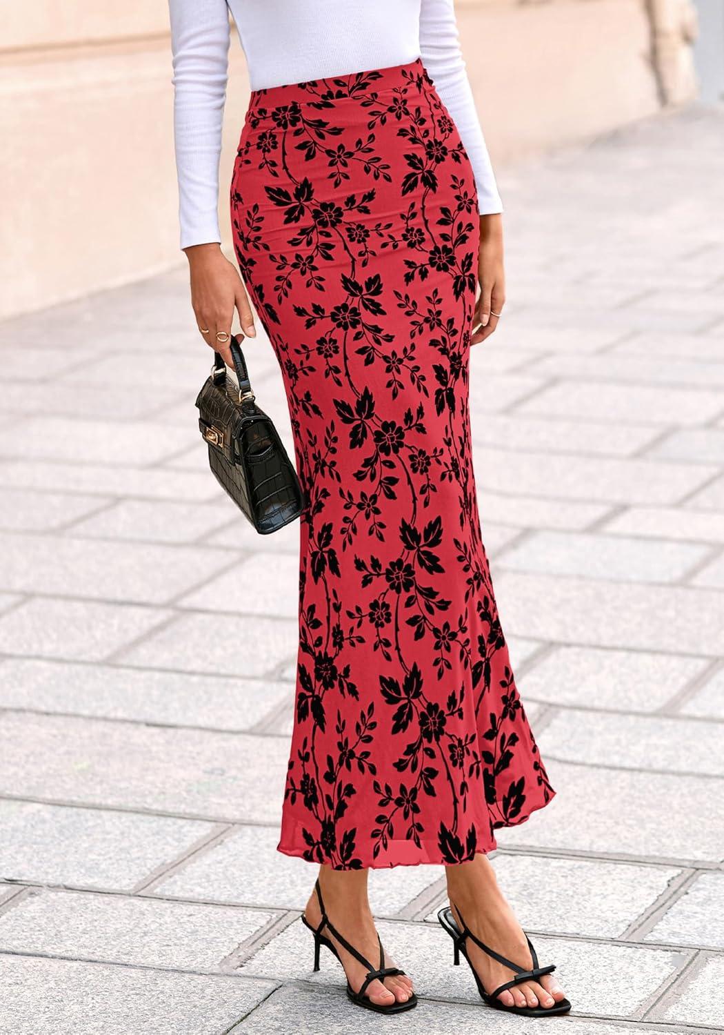 imageBTFBM Womens Floral Mesh Maxi Skirt 2026 Spring Summer Elastic High Waisted Boho Elegant Mermaid Long Skirts for WomenRed