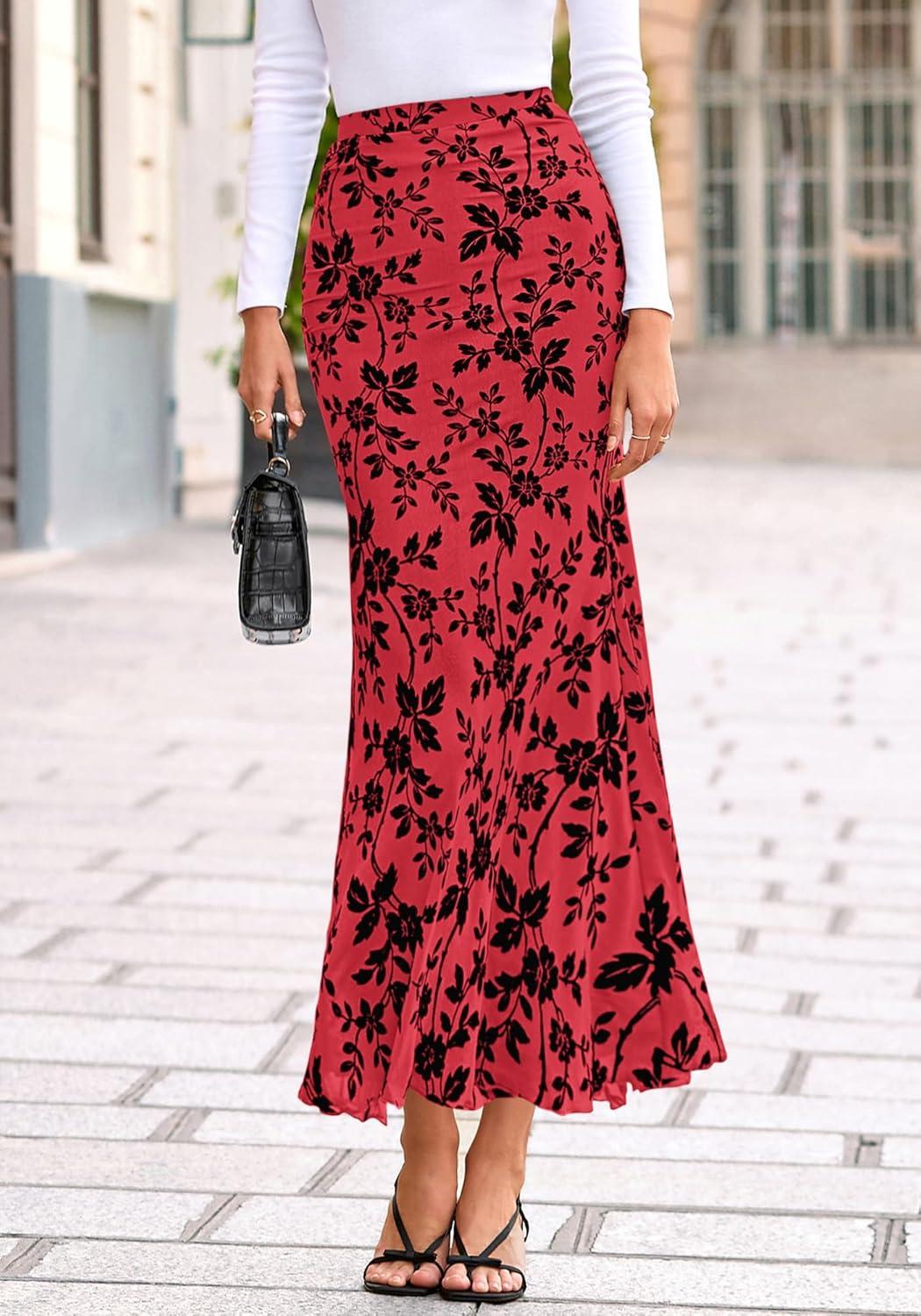 imageBTFBM Womens Floral Mesh Maxi Skirt 2026 Spring Summer Elastic High Waisted Boho Elegant Mermaid Long Skirts for WomenRed