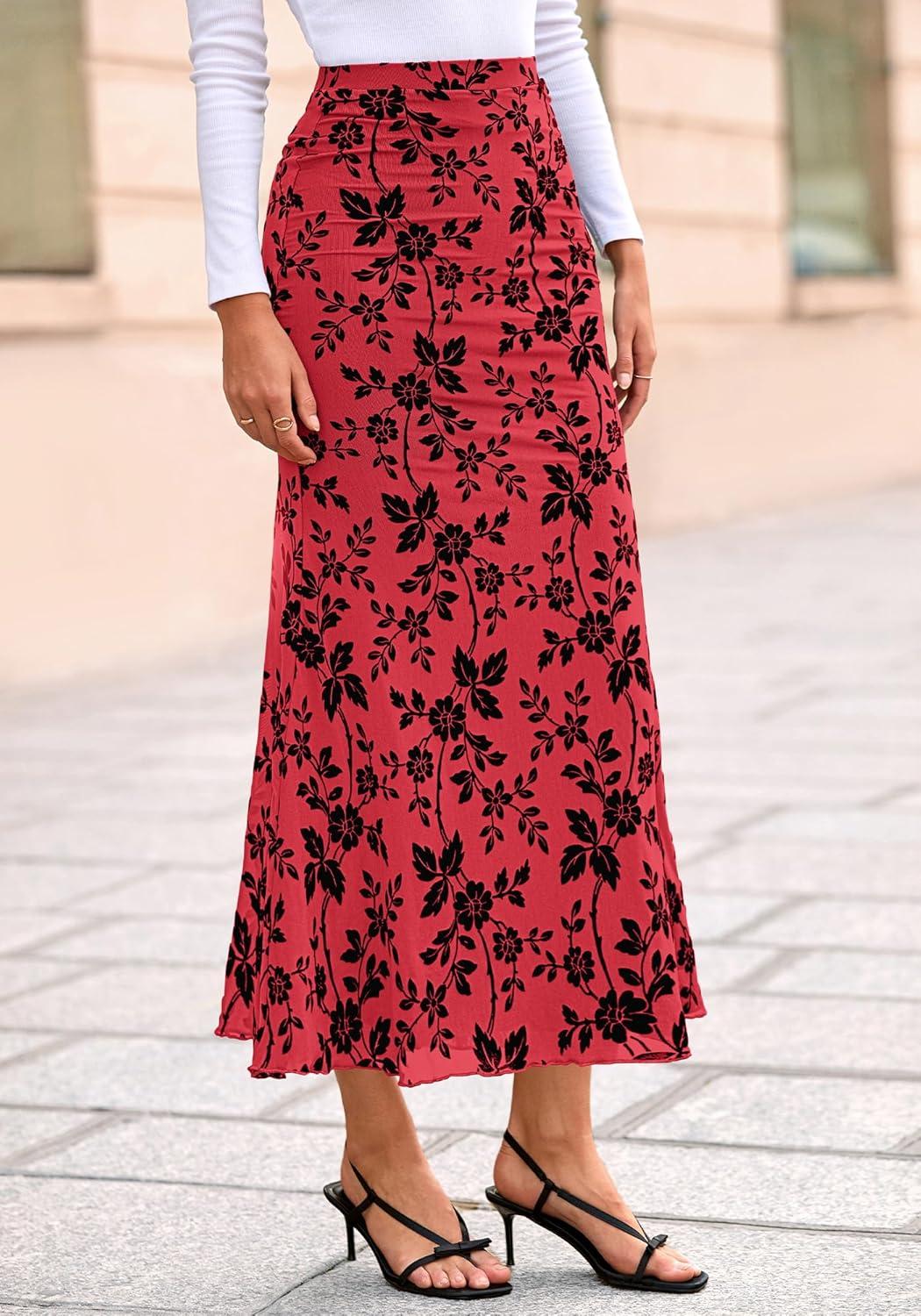 imageBTFBM Womens Floral Mesh Maxi Skirt 2026 Spring Summer Elastic High Waisted Boho Elegant Mermaid Long Skirts for WomenRed