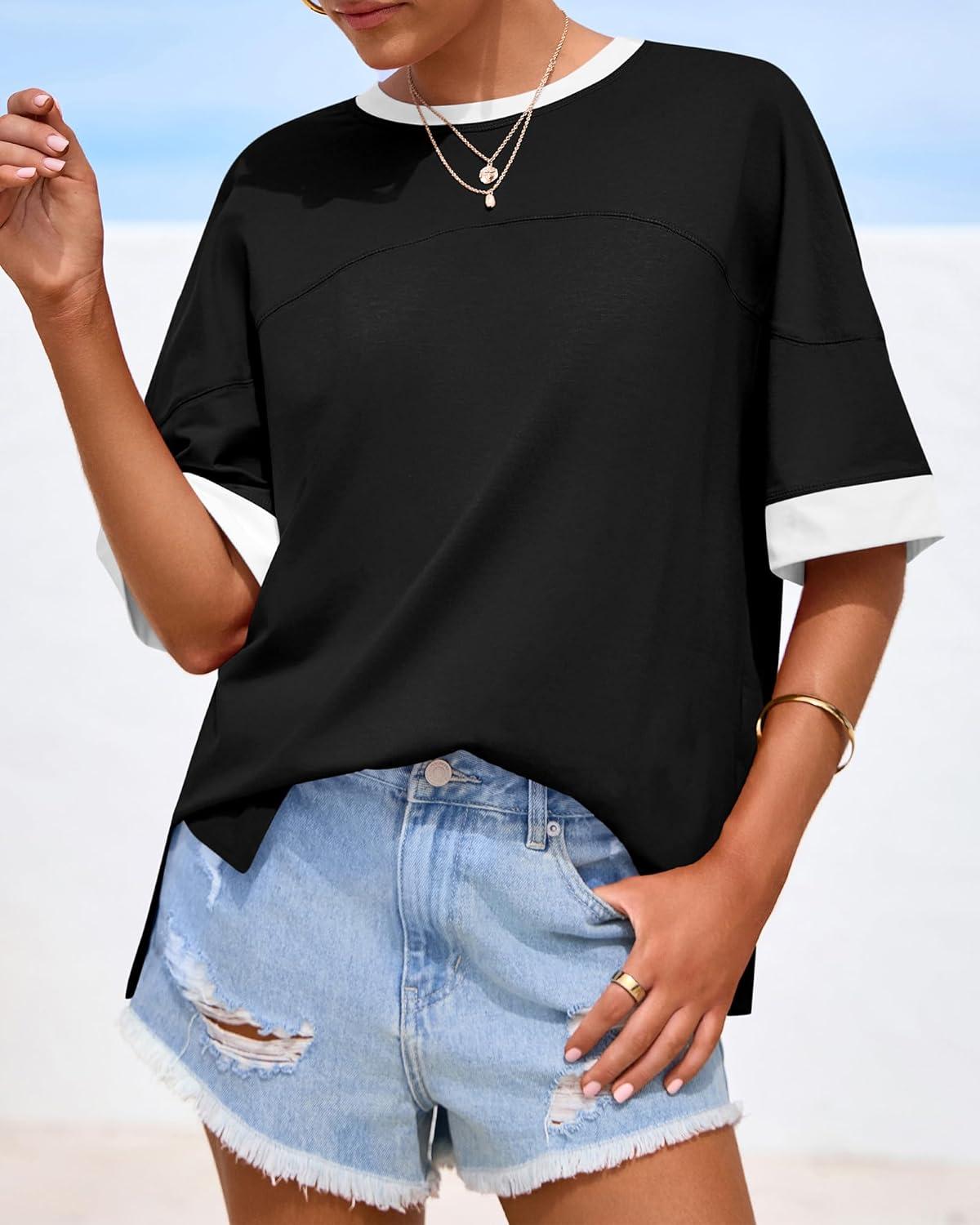 imageBTFBM Womens Oversized T Shirts Dressy Casual Short Sleeve Summer Tops Crew Neck Color Block Blouse Loose Fit Basic TeeBlack