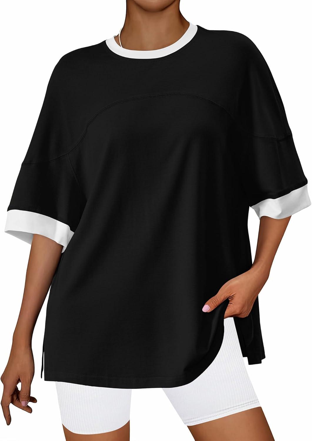imageBTFBM Womens Oversized T Shirts Dressy Casual Short Sleeve Summer Tops Crew Neck Color Block Blouse Loose Fit Basic TeeBlack