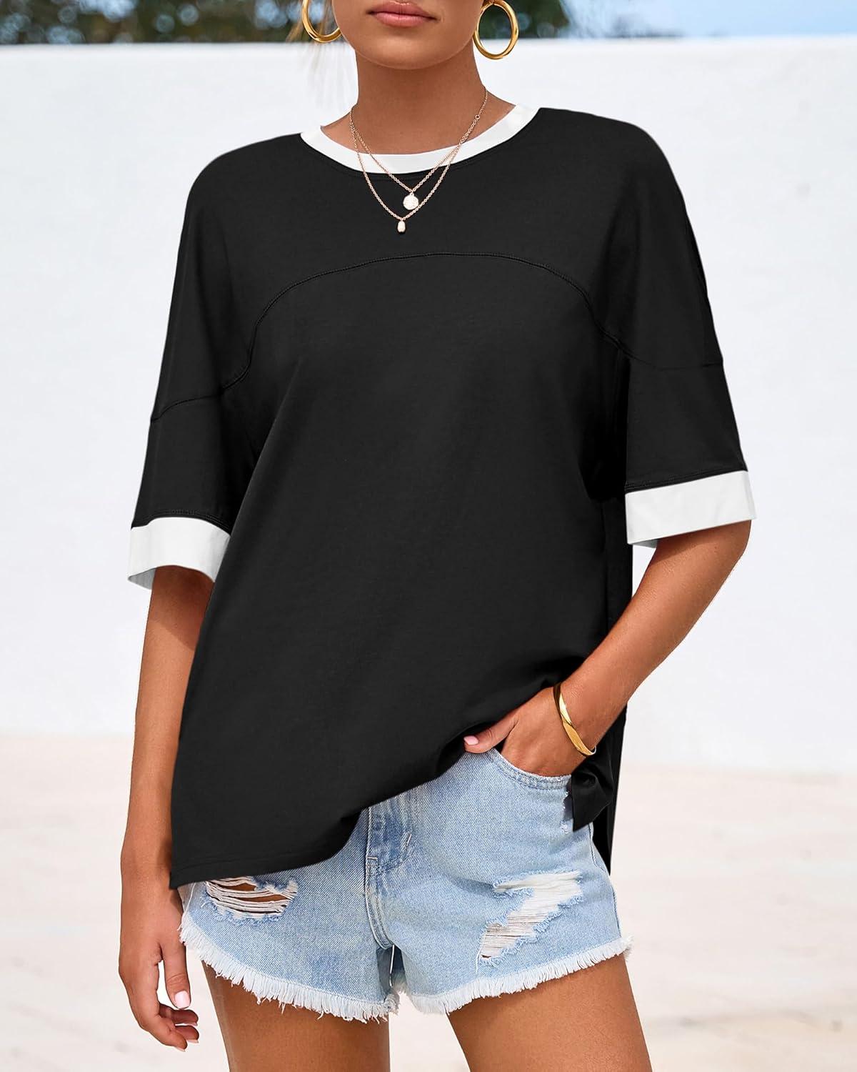 imageBTFBM Womens Oversized T Shirts Dressy Casual Short Sleeve Summer Tops Crew Neck Color Block Blouse Loose Fit Basic TeeBlack