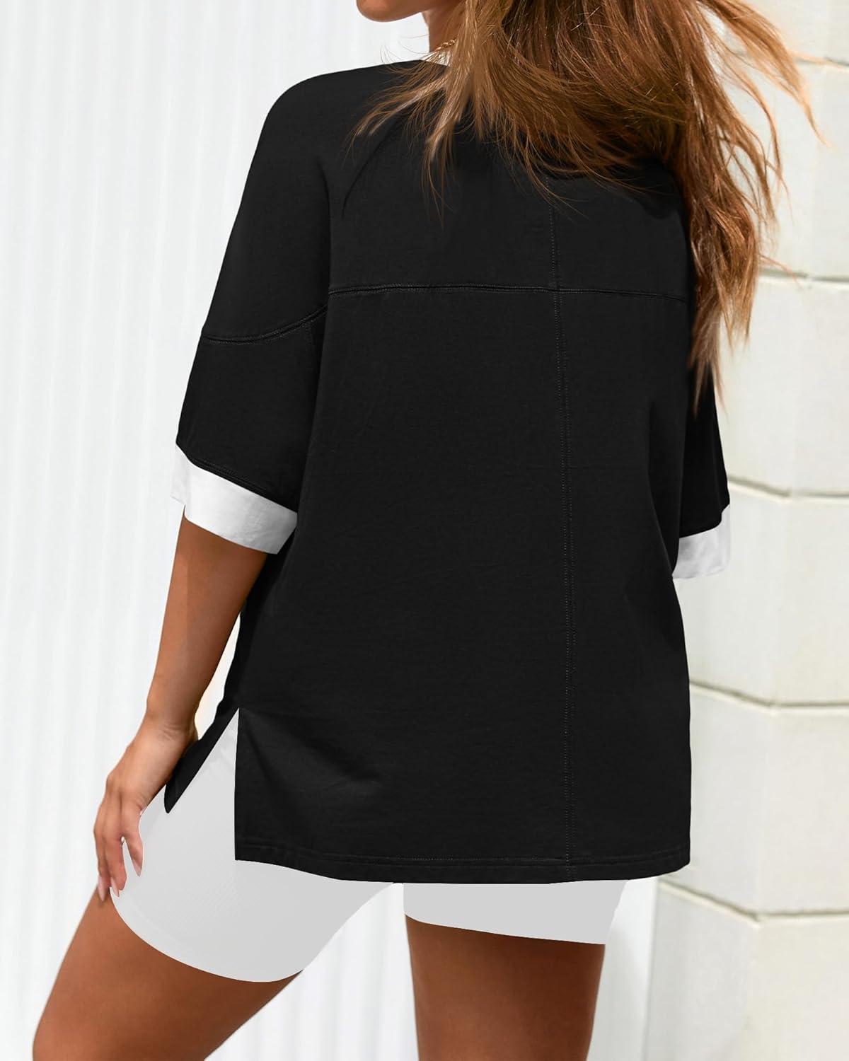 imageBTFBM Womens Oversized T Shirts Dressy Casual Short Sleeve Summer Tops Crew Neck Color Block Blouse Loose Fit Basic TeeBlack