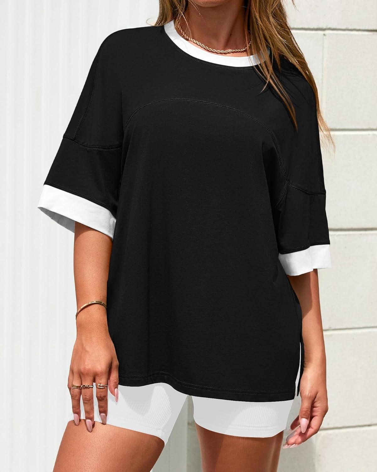 imageBTFBM Womens Oversized T Shirts Dressy Casual Short Sleeve Summer Tops Crew Neck Color Block Blouse Loose Fit Basic TeeBlack