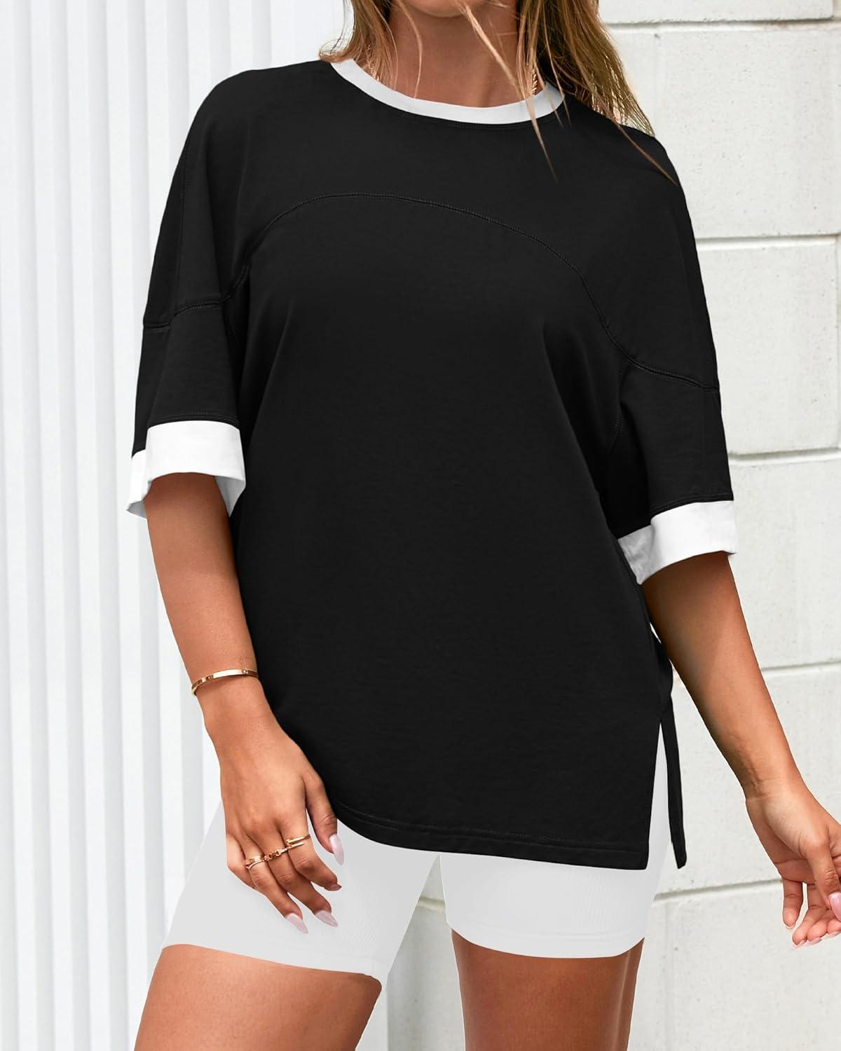 imageBTFBM Womens Oversized T Shirts Dressy Casual Short Sleeve Summer Tops Crew Neck Color Block Blouse Loose Fit Basic TeeBlack