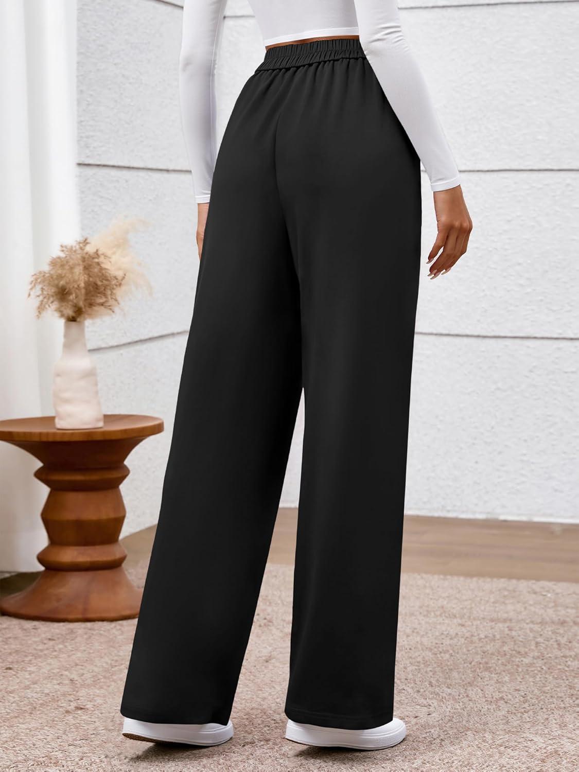 imageBTFBM Womens Pants 2025 Fall Elastic High Waisted Trousers Stretchy Comfy Lounge Palazzo Pant Wide Leg SweatpantsBlack