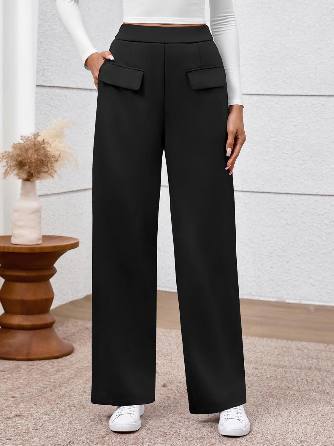 imageBTFBM Womens Pants 2025 Fall Elastic High Waisted Trousers Stretchy Comfy Lounge Palazzo Pant Wide Leg SweatpantsBlack