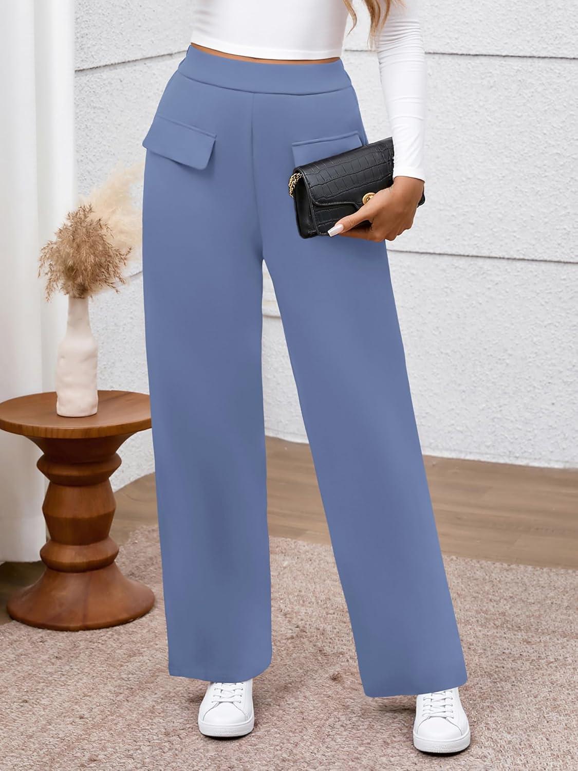 imageBTFBM Womens Pants 2025 Fall Elastic High Waisted Trousers Stretchy Comfy Lounge Palazzo Pant Wide Leg SweatpantsBlue