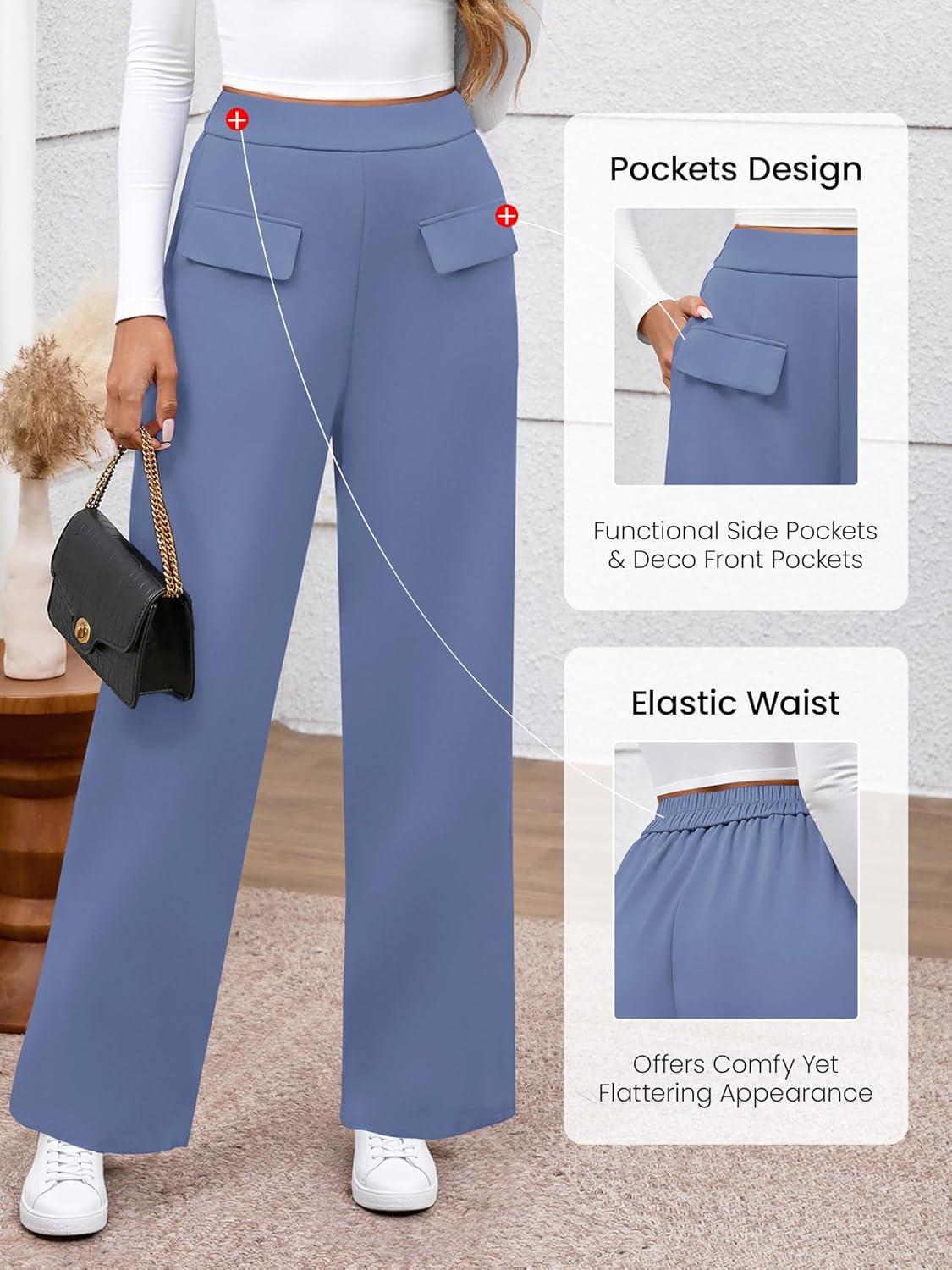 imageBTFBM Womens Pants 2025 Fall Elastic High Waisted Trousers Stretchy Comfy Lounge Palazzo Pant Wide Leg SweatpantsBlue