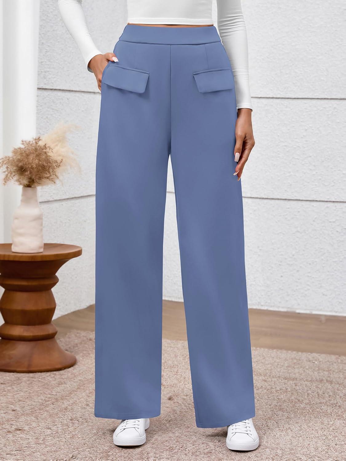 imageBTFBM Womens Pants 2025 Fall Elastic High Waisted Trousers Stretchy Comfy Lounge Palazzo Pant Wide Leg SweatpantsBlue