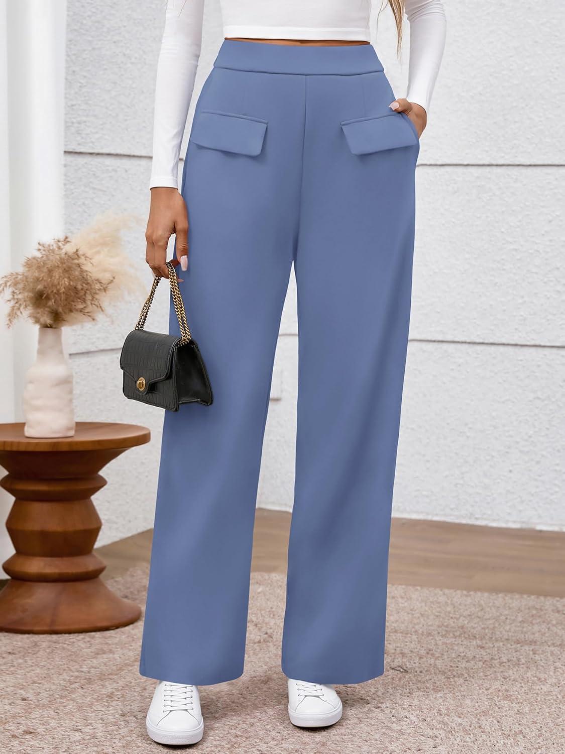 imageBTFBM Womens Pants 2025 Fall Elastic High Waisted Trousers Stretchy Comfy Lounge Palazzo Pant Wide Leg SweatpantsBlue