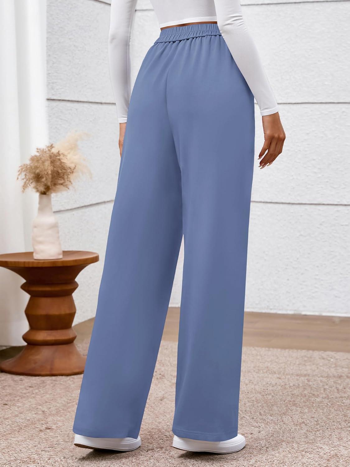 imageBTFBM Womens Pants 2025 Fall Elastic High Waisted Trousers Stretchy Comfy Lounge Palazzo Pant Wide Leg SweatpantsBlue