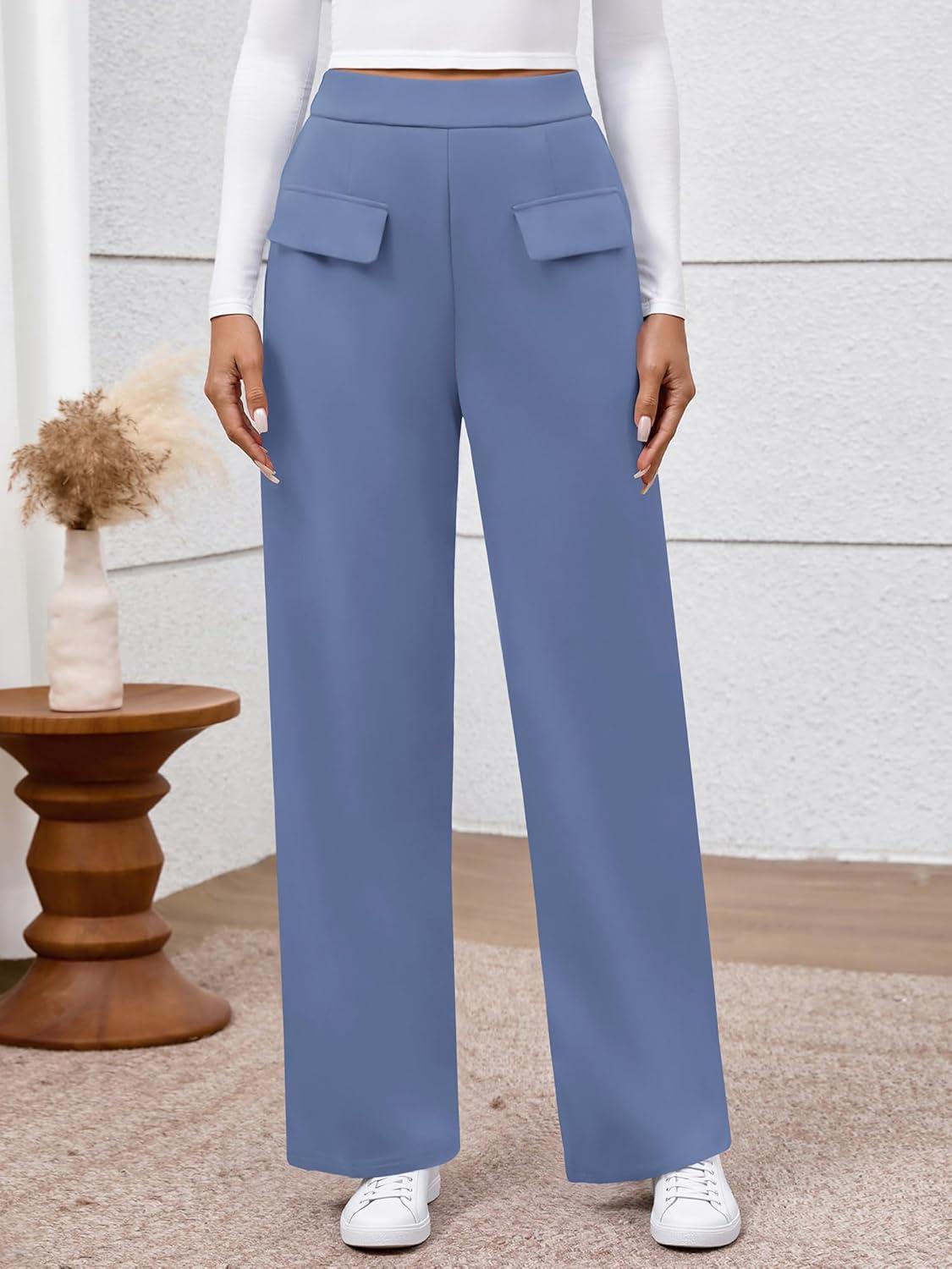 imageBTFBM Womens Pants 2025 Fall Elastic High Waisted Trousers Stretchy Comfy Lounge Palazzo Pant Wide Leg SweatpantsBlue