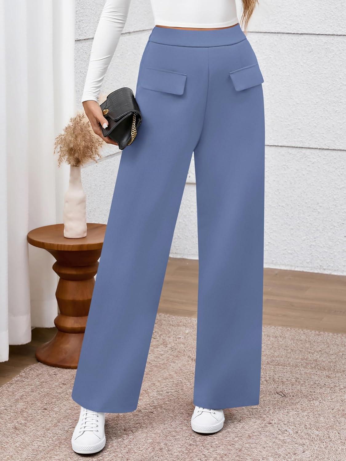 imageBTFBM Womens Pants 2025 Fall Elastic High Waisted Trousers Stretchy Comfy Lounge Palazzo Pant Wide Leg SweatpantsBlue