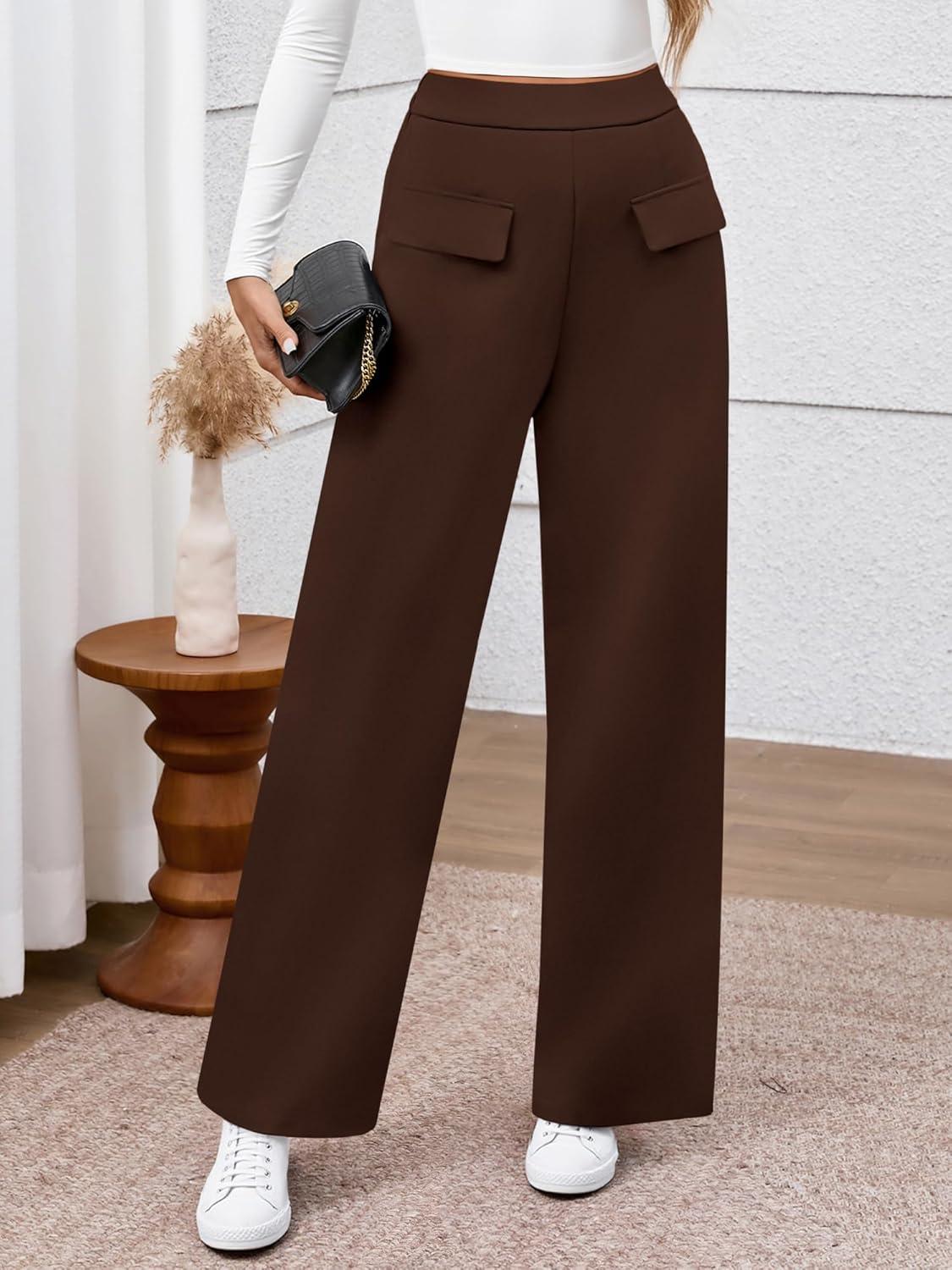 imageBTFBM Womens Pants 2025 Fall Elastic High Waisted Trousers Stretchy Comfy Lounge Palazzo Pant Wide Leg SweatpantsBrown