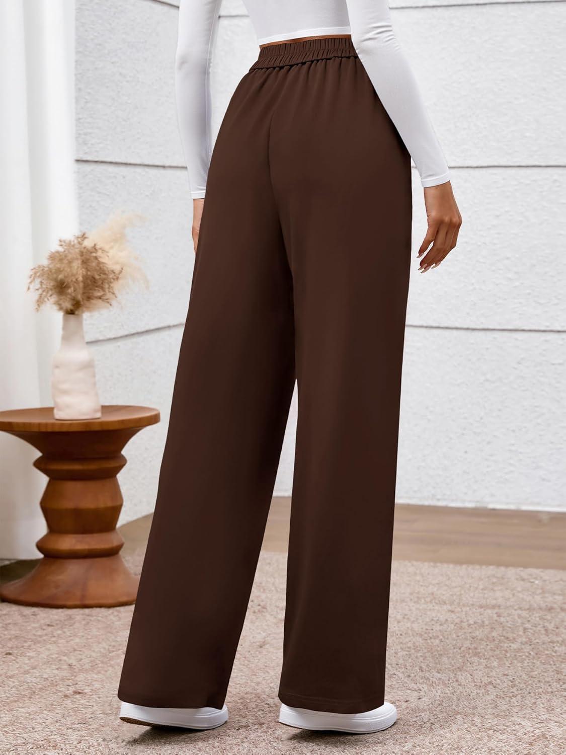 imageBTFBM Womens Pants 2025 Fall Elastic High Waisted Trousers Stretchy Comfy Lounge Palazzo Pant Wide Leg SweatpantsBrown