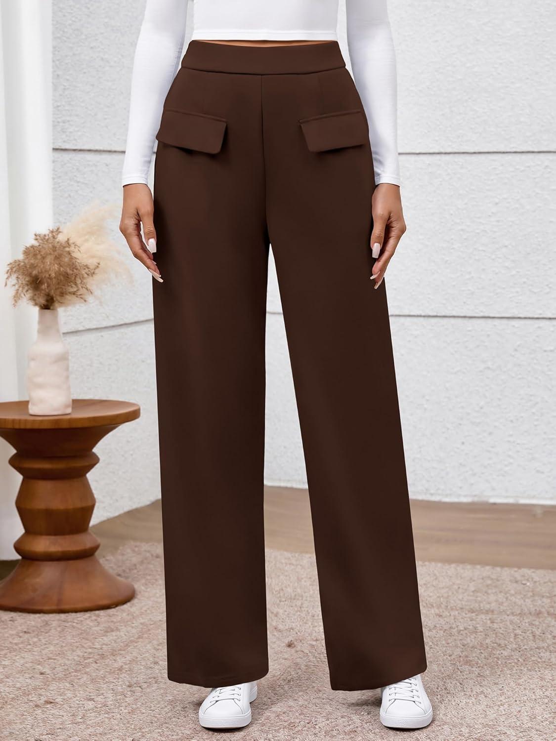 imageBTFBM Womens Pants 2025 Fall Elastic High Waisted Trousers Stretchy Comfy Lounge Palazzo Pant Wide Leg SweatpantsBrown