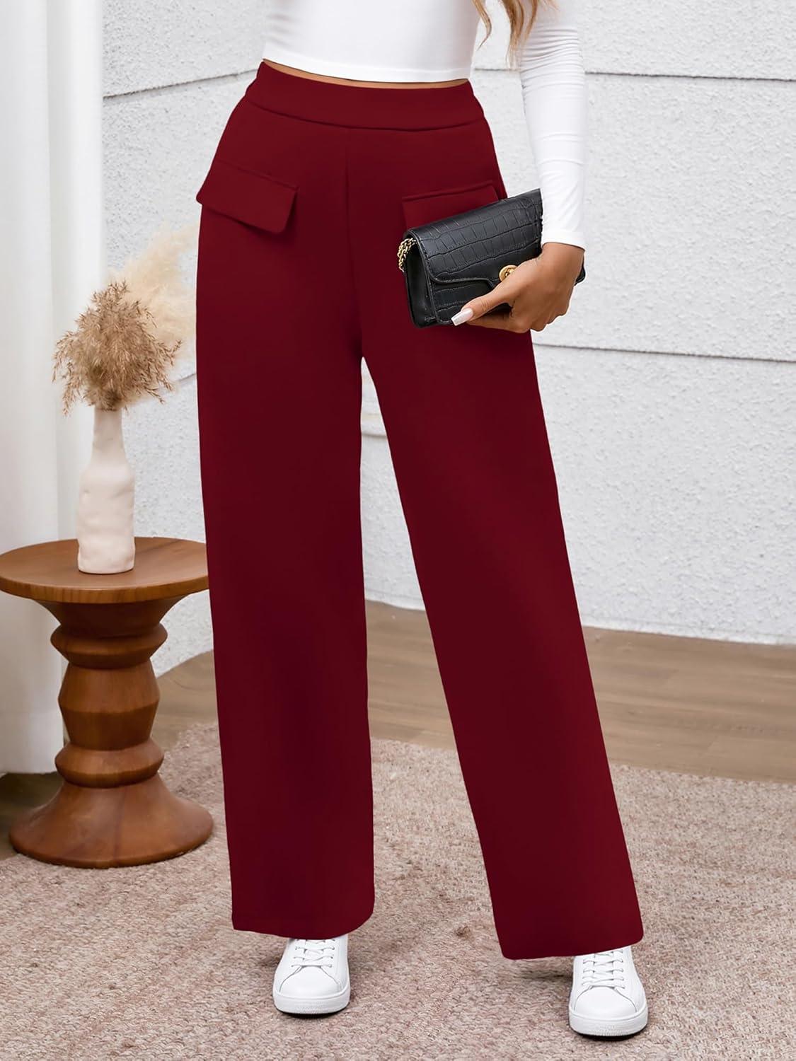 imageBTFBM Womens Pants 2025 Fall Elastic High Waisted Trousers Stretchy Comfy Lounge Palazzo Pant Wide Leg SweatpantsBurgundy