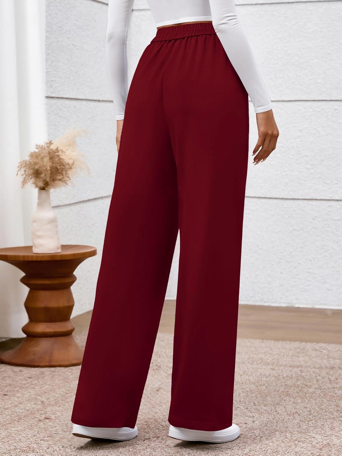 imageBTFBM Womens Pants 2025 Fall Elastic High Waisted Trousers Stretchy Comfy Lounge Palazzo Pant Wide Leg SweatpantsBurgundy