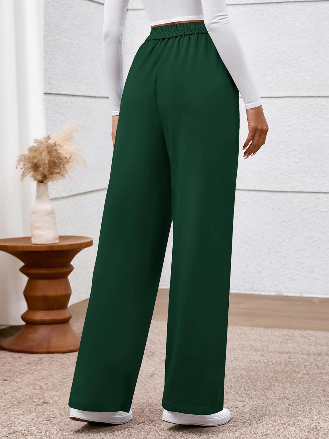 imageBTFBM Womens Pants 2025 Fall Elastic High Waisted Trousers Stretchy Comfy Lounge Palazzo Pant Wide Leg SweatpantsDark Green