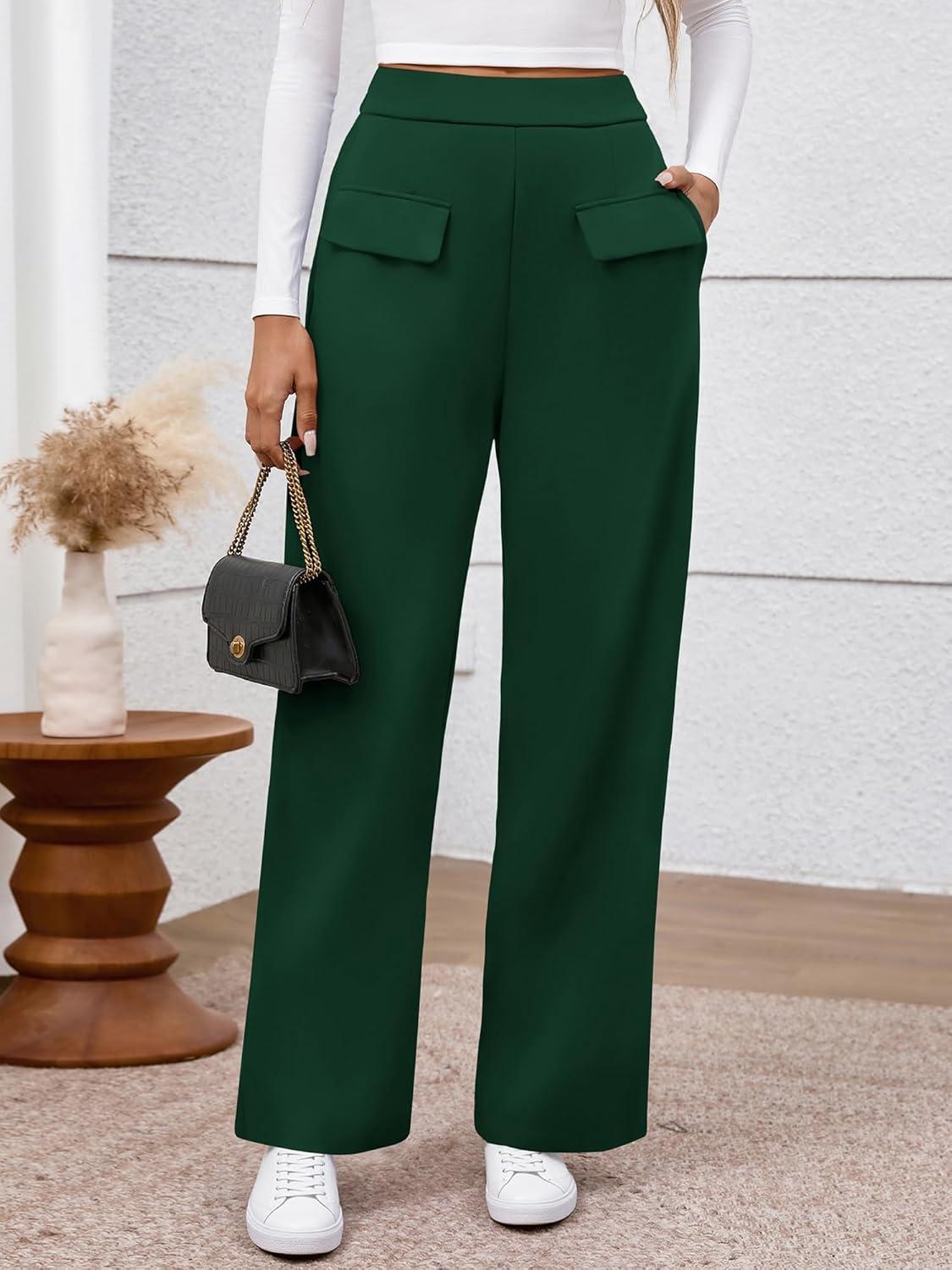 imageBTFBM Womens Pants 2025 Fall Elastic High Waisted Trousers Stretchy Comfy Lounge Palazzo Pant Wide Leg SweatpantsDark Green
