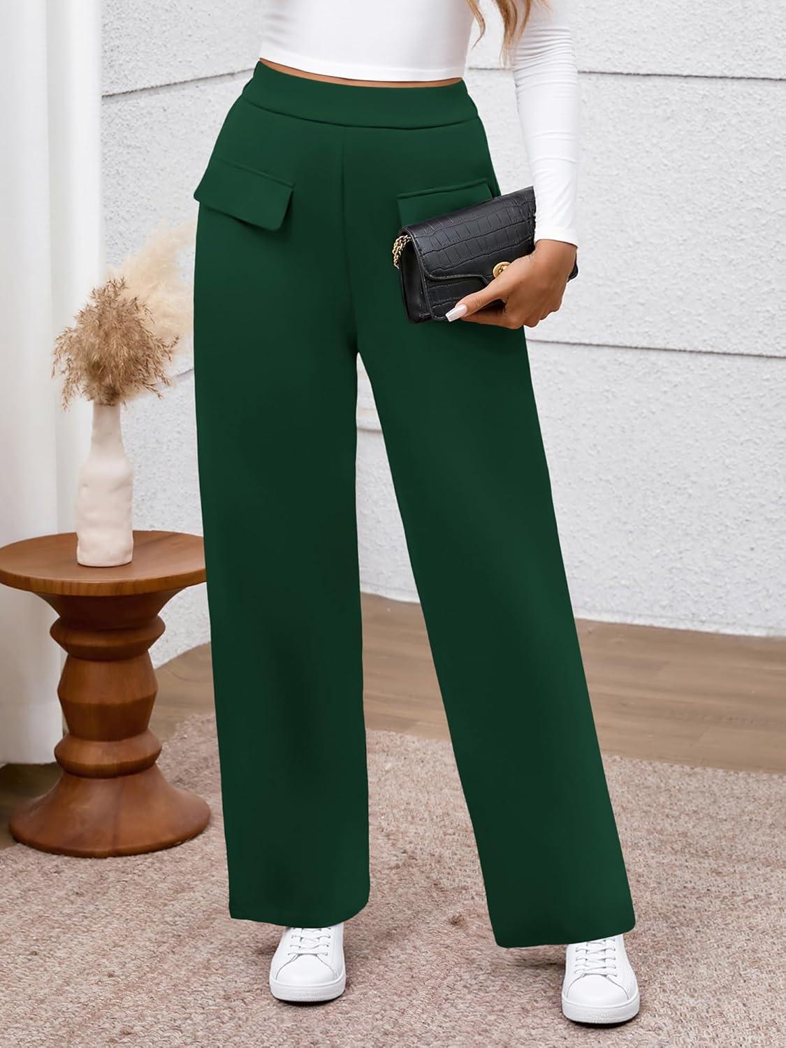 imageBTFBM Womens Pants 2025 Fall Elastic High Waisted Trousers Stretchy Comfy Lounge Palazzo Pant Wide Leg SweatpantsDark Green