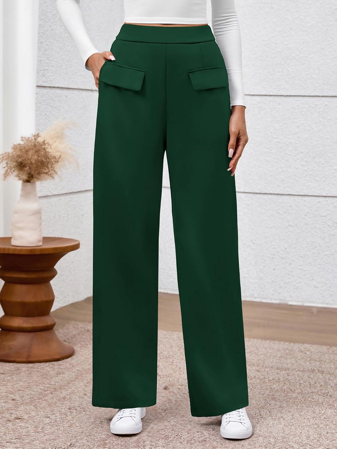 imageBTFBM Womens Pants 2025 Fall Elastic High Waisted Trousers Stretchy Comfy Lounge Palazzo Pant Wide Leg SweatpantsDark Green